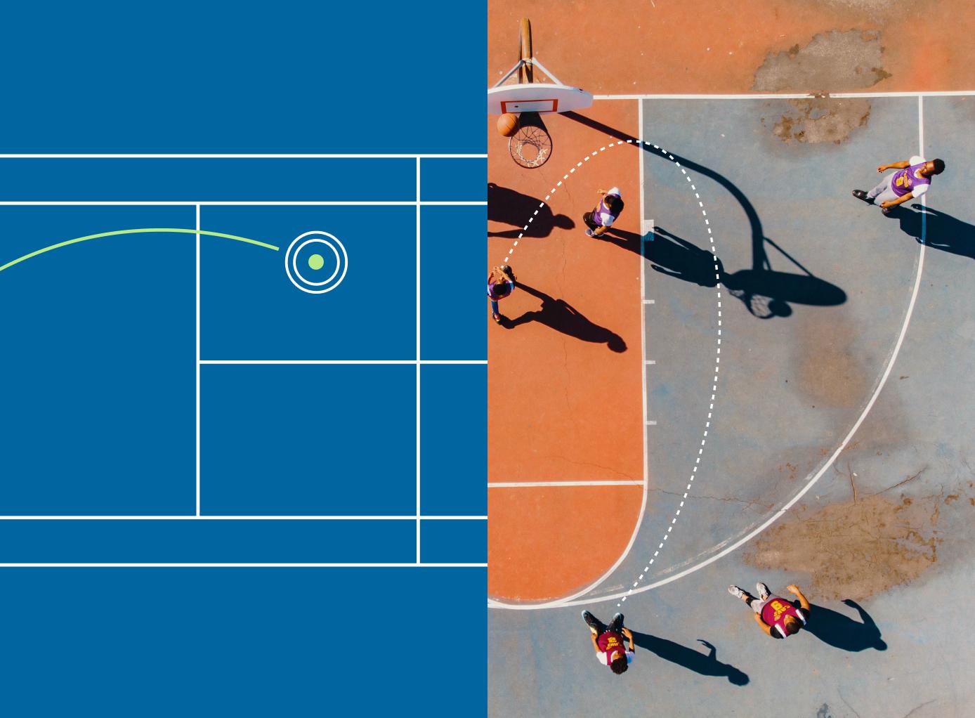 Side-by-side image of people playing tennis and basketball with lines showing the trajectory of the ball as it is moving through the air.