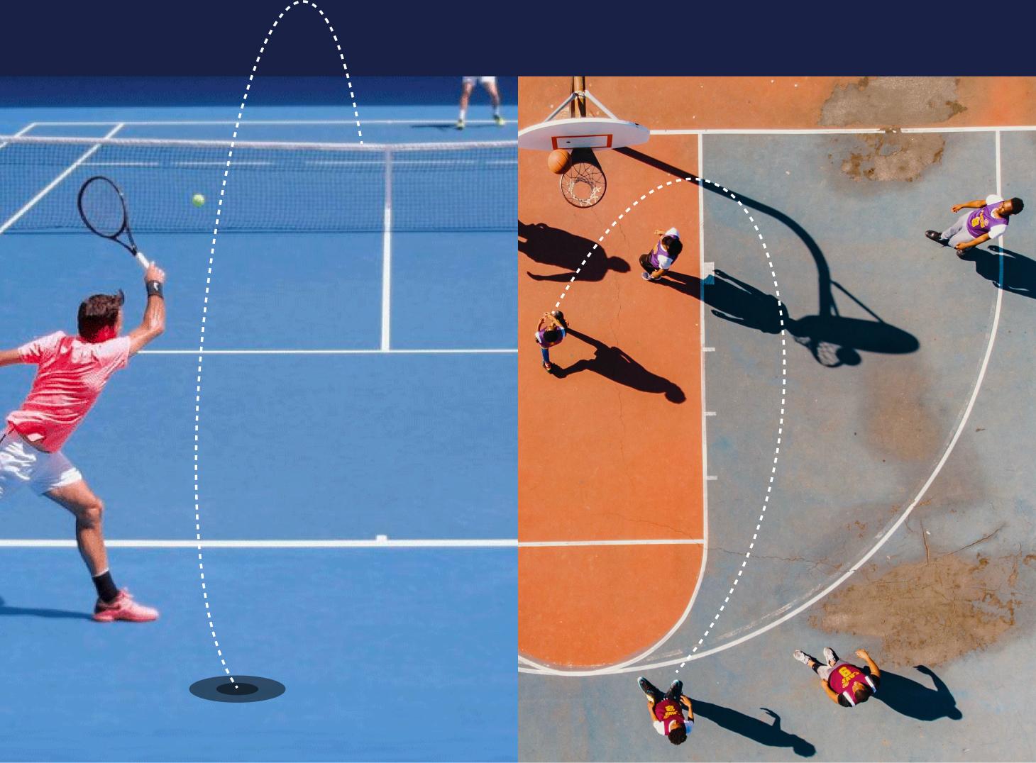 Side-by-side image of people playing tennis and basketball with lines showing the trajectory of the ball as it is moving through the air.